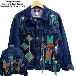 Vintage Southwest Santa Fe Concho Fringe Suede Aztec Denim Jacket Women’s Medium
